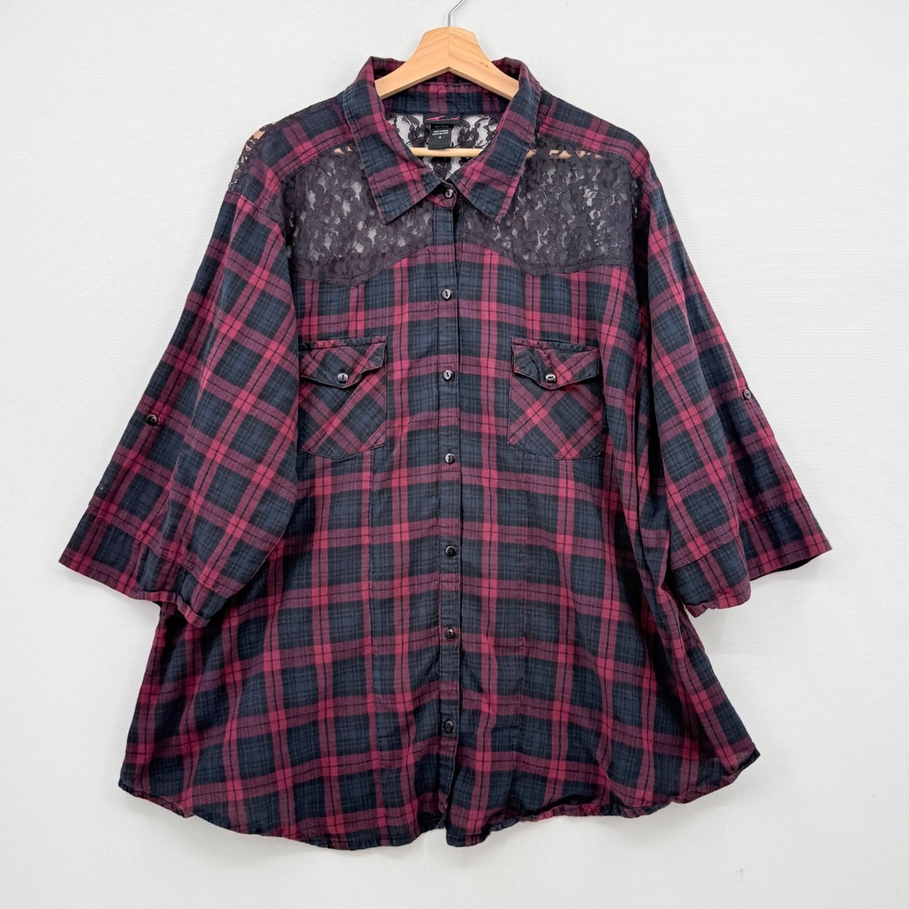 Torrid Plaid Button Up Women 4 4X Burgundy Lace Yoke Roll Tab Sleeve Grunge Goth